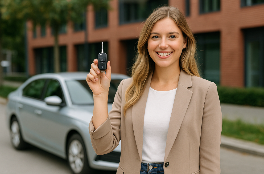 Vrouw met glimlach voor auto